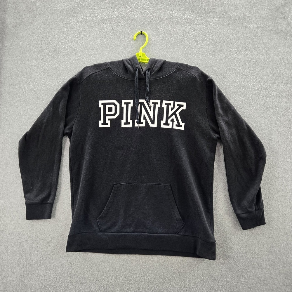 Victoria's Secret PINK Women Hoodie M Black Fleece‎ Logo Casual Long